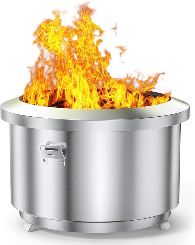 Onlyfire 24 Inch Outdoor Smokeless Fire Pit Stainless Steel Fire Bowl Portable Wood Burning Stove with Detachable Handles for Backyard Camping