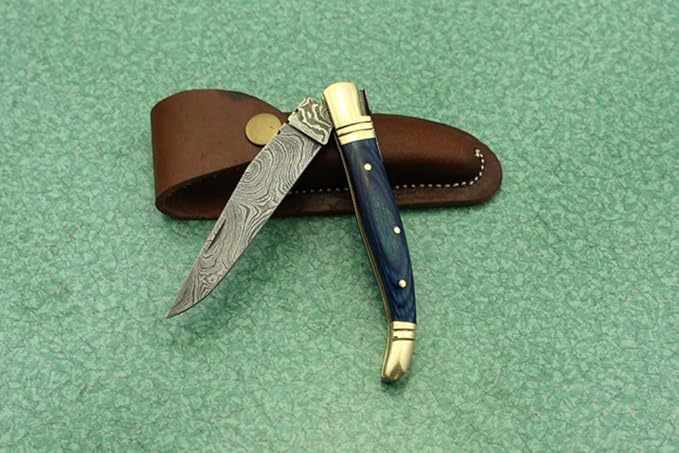 Damascus Depot Laguiole style Folding knife with real Damascus steel blade 8.5 Long with 4 hand forged twist patren Blade. wood Camel Bone and Bull horn scale with brass bolster. Cow hide leather