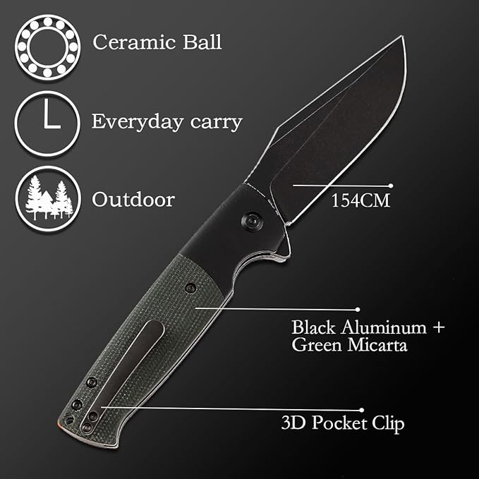 KANSEPT Shikari SBL Pocket Folding Knives EDC Camping Folding Knife 3.35'' 154CM Material Pocket Folding Knife with Black Aluminum Green Micarta Handle Everyday Carry T2027B3