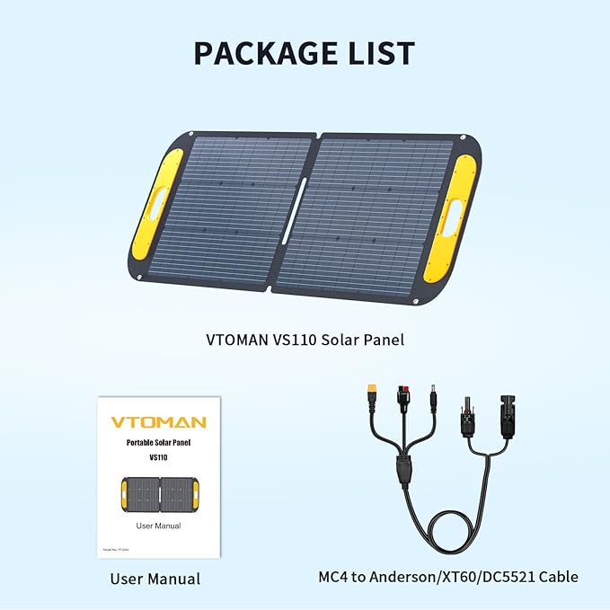 VTOMAN Portable Solar Panel for Solar Generator 110W 19V Folding Solar Charger with 23% Efficiency IP67 Waterproof and Adjustable Kickstands Design for Camping RV Outdoor Adventures (VS110)
