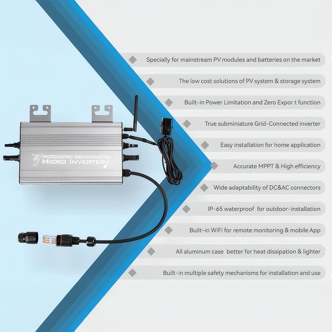 Micro Grid-Tie Inverter with Battery StorageMultiple Connection ModesAPP Control20V-60V PV Input 36V/48V Battery 180-265VAC Output (UDM-GS) (800W)