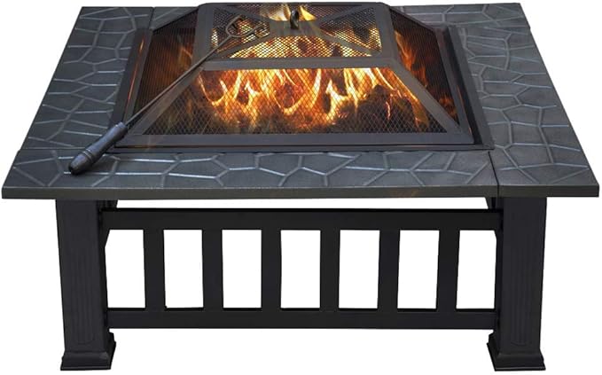 SINGLYFIRE 32 Inch Fire Pit Table for Outside Square Metal Firepit Outdoor Wood Burning Large Steel Bonfire Pit for Patio Backyard Garden with Spark ScreenLog GratePoker