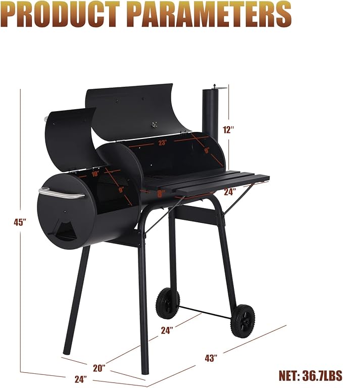 Charcoal Grills Outdoor BBQ Grill Offset Smoker with Wheels Side Fire Box Portable Barbecure Grill for Outdoor Cooking Backyard Camping PicnicsBlack