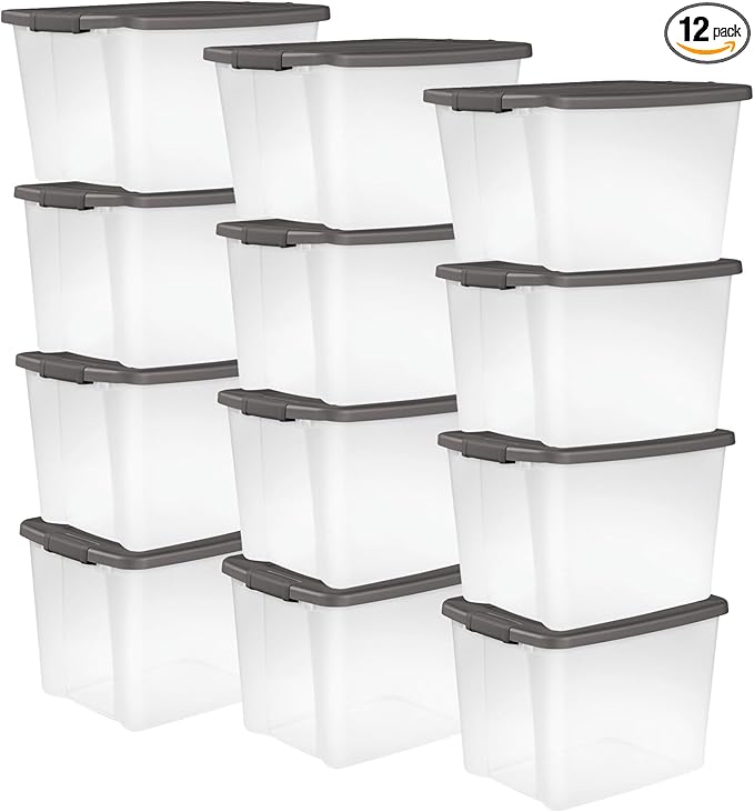 Sterilite 12-Pack 50 Quart ShelfTote Clear Plastic Storage Organizer Bins with Gray Lids – Stackable Home and Office Containers for Closet or Shelves