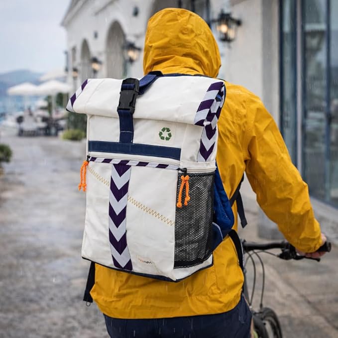 Sailcloth Rolltop Backpack Water-Resistant Navy Blue Chevron Pattern Yoga Mat Holder