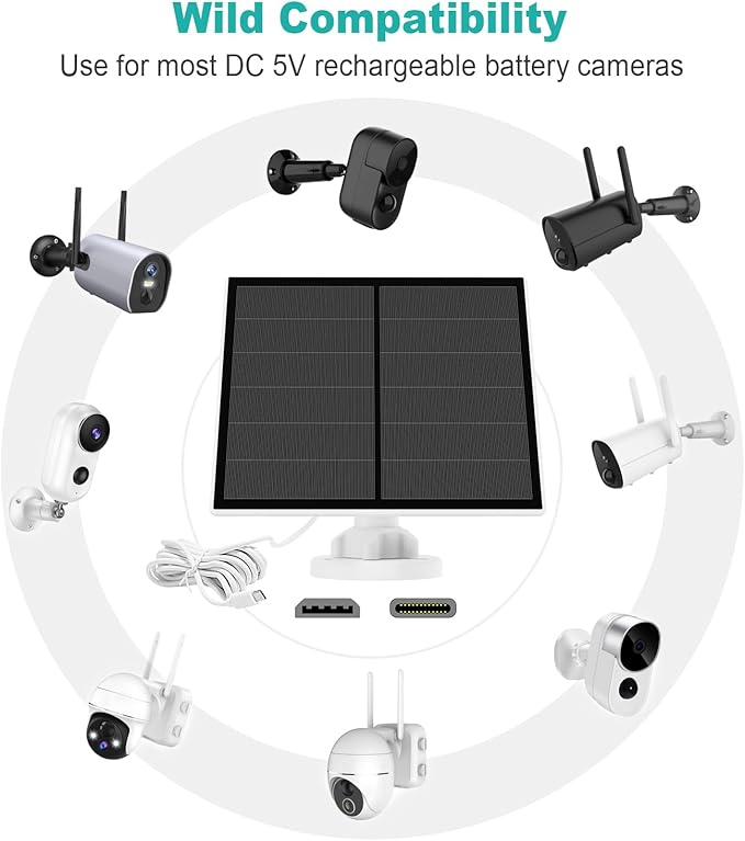Solar Panel for Security Camera 5W USB Solar Panel for Micro USB and USB-C Port Outdoor Rechargeable Battery Camera Solar Panels with 9.8ft Cable Adjustable Wall Mount IP65 Waterproof 2 Pack