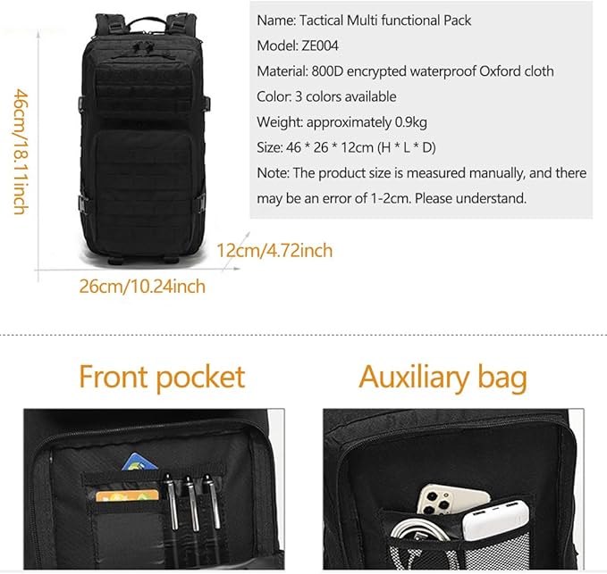 35L Military Tactical Backpack Army 3 Day Assault Pack Molle Bag Backpacks Rucksack For Hiking Fishing (Black)