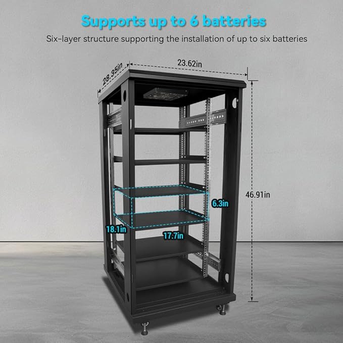 SGPWATT SUNGOLDPOWER 6-Layer Enclosed Battery Cabinet with 600A Bus Bar and Wheels Compatible 100AH 3U Rack LiFePO4 Lithium Batteries Ventilation Design for Solar System and Energy Storage