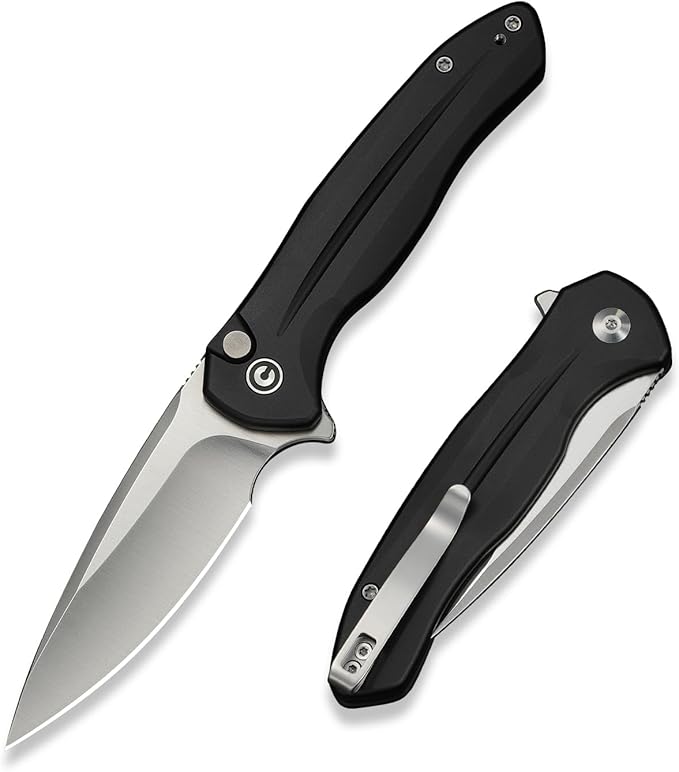 CIVIVI Kitefin EDC Pocket Knife 3.22“ 14C28N Drop Point Blade Folding Knife Aluminum Handle with Reversible Clip for Camping Hiking Hunting C24091-1 Black