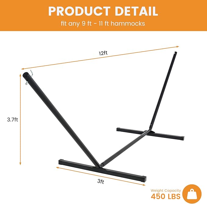 Lazy Daze Hammocks Portable 2 Person Heavy Duty Steel 12 FT Hammock Stand with Hooks and Chains for Outside Patio Backyard 450 Pounds Capacity Black