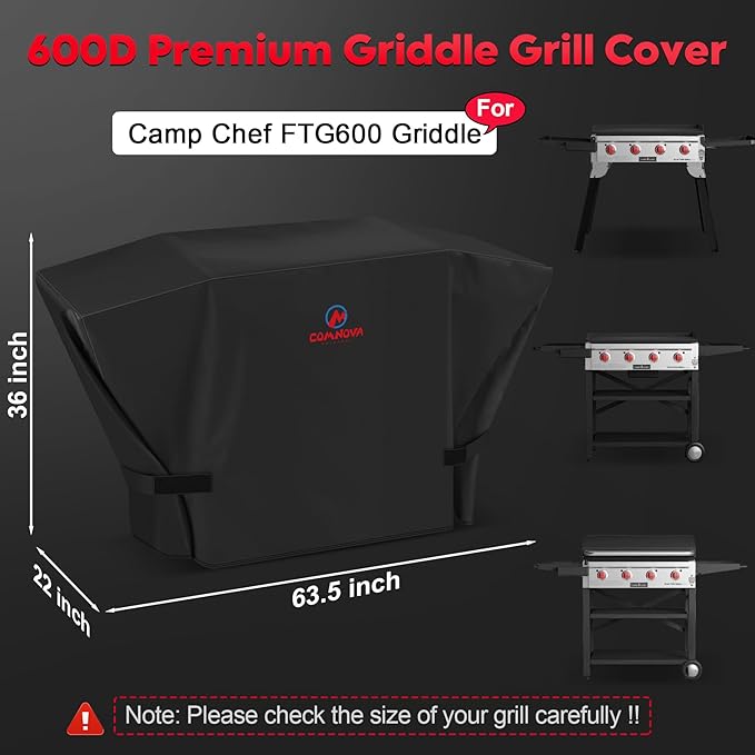 Comnova Griddle Cover for Camp Chef FTG600 - Premium 600D Outdoor Flat Top Grill Cover Heavy Duty &amp Waterproof for Camp Chef 4 Burner Griddle FTG600 FTG600P and FTG600GL - 63.5 x 22 x 36 Inch