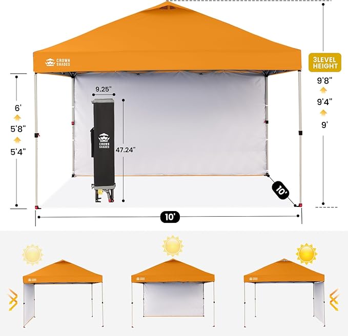 CROWN SHADES 10x10 Pop Up Canopy with 1 Side Wall - Beach Tent with One Push Setup - Outdoor Sun Shade for Events Parties Camping - Gazebo with STO-N-Go Cover Bag (Orange)