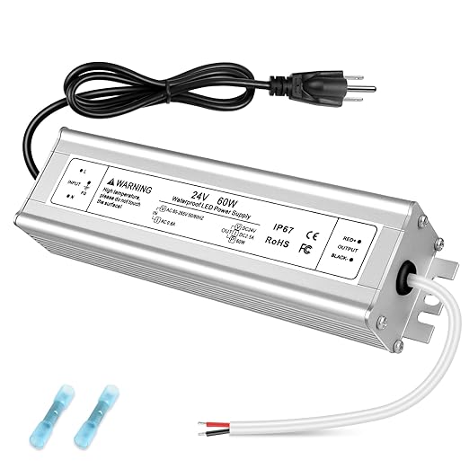 24V 60W LED Power Supply IP67 Waterproof LED Driver AC 110V to DC 24V 2.5A Low Voltage Transformer Adapter for Outdoor LED Light 3-Prong Plug with 3.3 Feet Cable