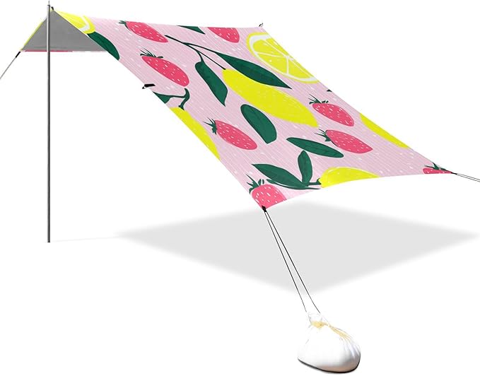 Beach Canopy with Windproof Ropes &amp Sandbags Beach Tent Sun Shade Sun Shelter for Camping Trips Fishing Backyard Fun or Picnics Lemon and Strawberry