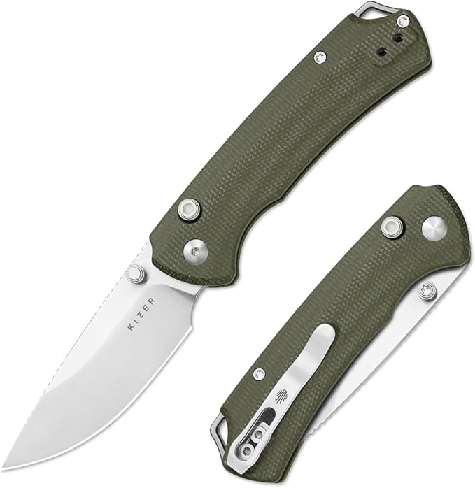 Kizer T1 BD EDC Pocket Knife 3.2 Nitro-V Steel Drop Point Folding Knives with Micarta Handle Thumb Stud Opener Button Liner Lock for Camping Hiking Fishing V3490.2BA1