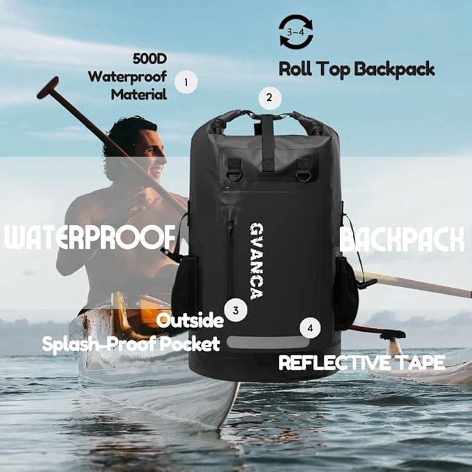 Waterproof Roll Top Kayak Dry Backpack Floating Outdoor Dry Sack Boating Sailing Canoeing Rafting Fishing Camping 85L Black