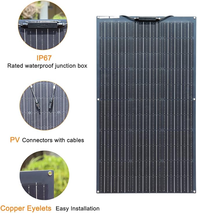 XINPUGUANG Flexible Solar Panel 100W200W 12V Solar Panel Kit Monocrystalline Module20A Charge Controller Extension CableAlligator Clip Cable for Outdoor Off Grid Boat rv Trailer (200W)