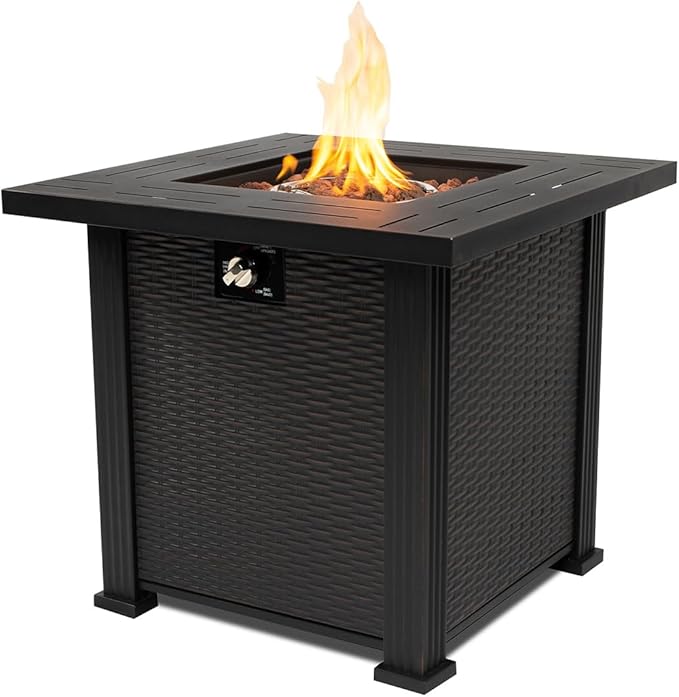 28'' Propane Fire Pit Table 50000 BTU Fire Table with Steel Lid Big Legs Laval Rocks.
