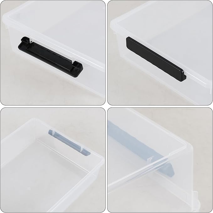 4 Pack Flat Plastic Latching Bins with Lids 6 Quart Stackable Clear Storage Box