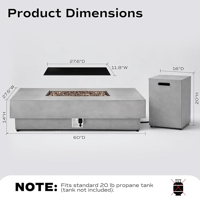 60-inch Outdoor Propane Fire Pit Coffee Table with Tank Cover 50000 BTU Concrete Rectangle Modern Outside Fire Table Auto-Ignition Included Lava Rocks Metal Lid &amp Waterproof Cover