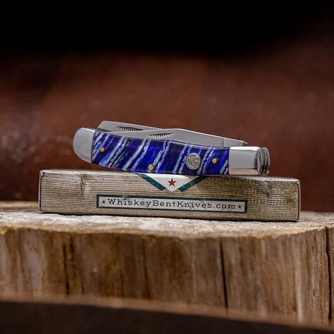 WHISKEY BENT HAT CO. Traditional Trapper Folding Pocket Knife 4.125 Closed Length 440C Stainless Steel Blades (Blue Mammoth)