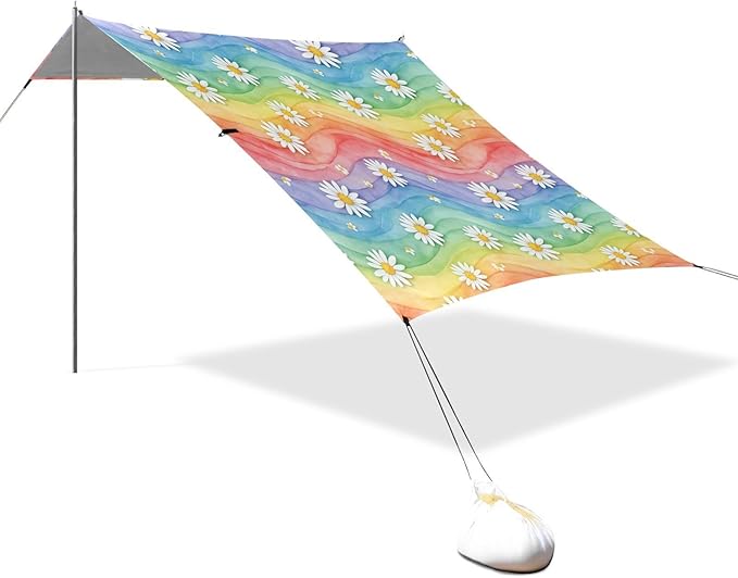 xigua Daisy Beach Tent Sun Shelter with Carrying Bag - Silver Coated Oxford Fabric Beach Canopy for Beach Camping Fishing - Includes Windproof Ropes Sandbags &amp Stakes