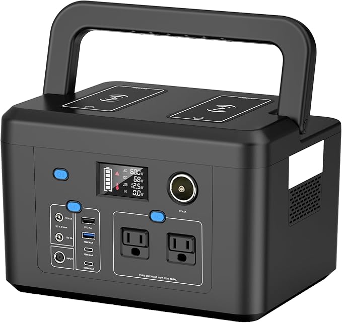 Portable Power Station 600W Powkey 296Wh Battery Backup with 2 Pure Sine Wave AC Outlets USB-C PD100W and 2 Wireless Chargers Solar Generator (Solar Panel Optional) for Outdoor Camping/RVs/Home Use