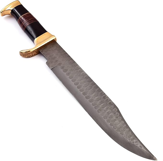 15.5 Long hand forged hammered Carbon steel Hunting Bowie Knife Bull horn and Rose wood scale with Brass finger guard &amp Pommel Over 10 sharp clip point blade cutting edge Cow Hide Leather she