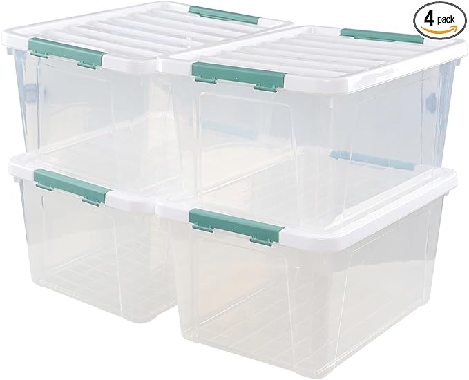 4 Pack 35 Quart Storage Box with Lid Plastic Latching Container Bin Clear