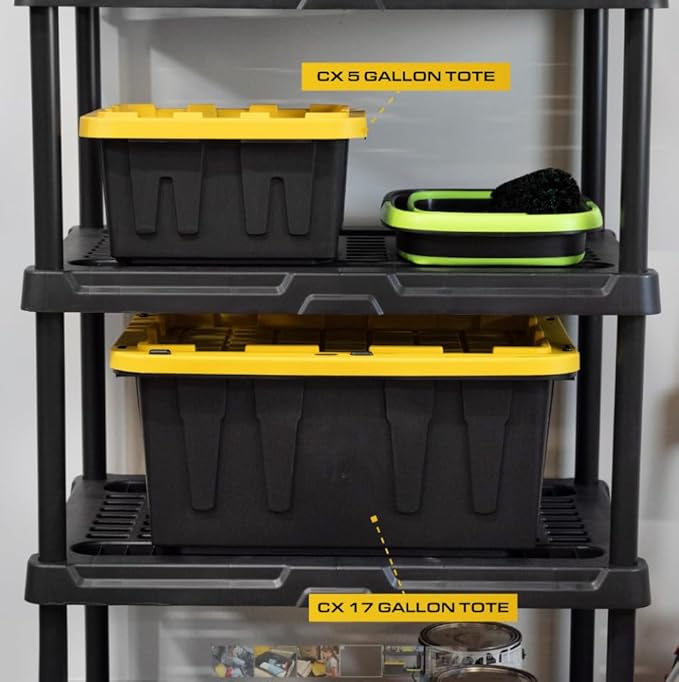 BLACK &amp YELLOW 5-Gallon Heavy Duty Storage Bins with Lids Stackable Plastic Storage Bins with Weather-Resistant Design Home Organization 6 Pack (8.6H x 12.3W x 16.4D)