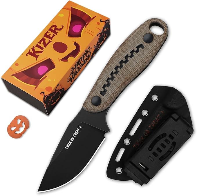 Kizer Hare Fixed Blade Knife 3.14 Nitro V Blade Halloween EDC Hunting Knife with Brown Micarta and Black G10 Handle Small Camping Knives with Kydex Sheath Survival Knives for Men Women 1077HW1