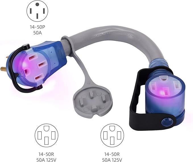 50Amp RV/Range/Generator Power Cord NEMA 14-50P with 14-50R Series Connector to 14-50R Adapter1.5 FT (50MF/50F Gray)
