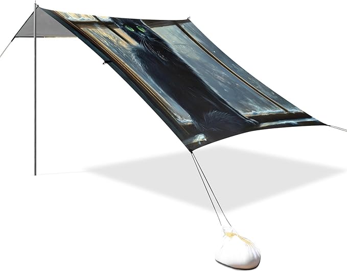 Black Cat Beside Windowsill Beach Tent Sun Shelter Set UPF50+ UV Protection 10.5 x 9.19 FT Camping Shade Canopy with Sandbags Sand Anchors Carrying Bag and Others