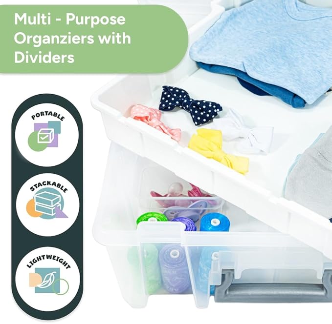 Best Kept Super Satchel Double Deep with Lift-Out Tray and Removable Dividers Stackable Home Storage Organization Container Clear with Sliver Latches and Handle
