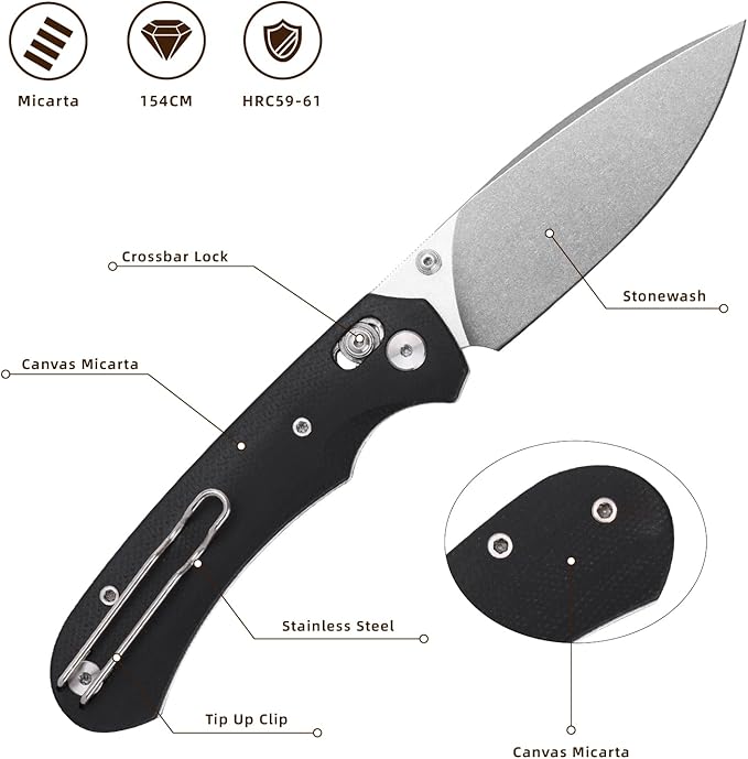 Folding Pocket Knife 3.31'' 154CM Blade EDC Knife Erogonomic Canvas Micarta Handle Pocket Knives for Men Hunting Hiking Survival Knives (Black)