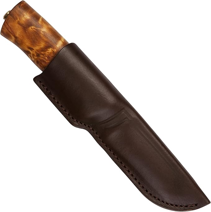 HELLE Knives - Eggen - Triple Laminated Stainless Steel Outdoor Adventure Camping Knife with Sheath Stick Tang Fixed Blade Curly Birch Handle Made in Norway