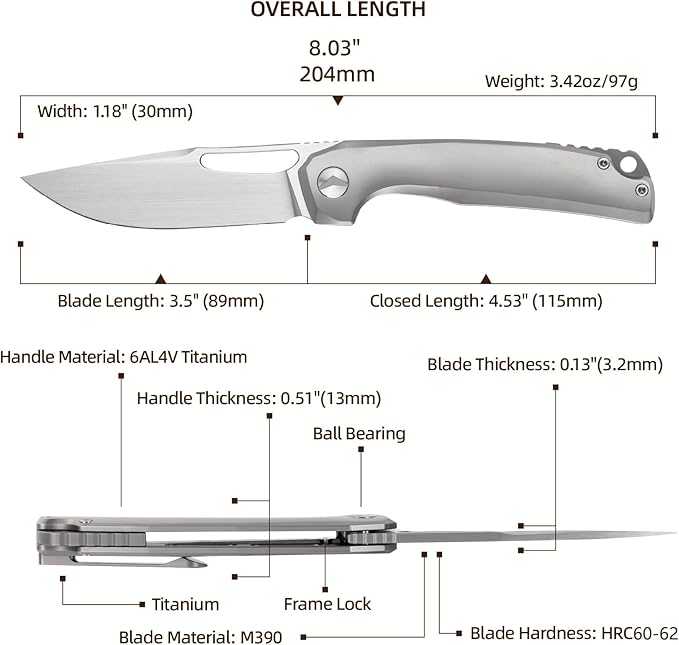 Pocket Knife 3.5 M390 Blade Folding Knife Hunting Knife with Titanium Handle and Pocket Clip EDC Knives for Hunting Camping Survival Outdoor Fishing Hiking（Grey）