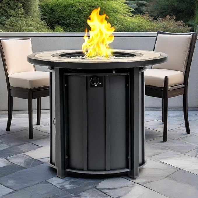 30'' Marble Ceramic Round Propane Fire Pit Table 50000 BTU Gas FirePit for Outdoor Fire Table with Lid Warmth &amp Ambience to Gatherings and Parties On Patio Deck Garden Backyard Black.