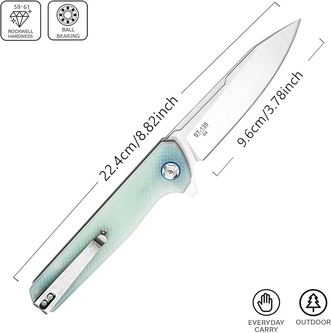 Sitivien ST135 Folding KnifeD2 Steel Blade G10 Handle Outdoor EDC Knife for Hunting Fishing Camping(Jade)