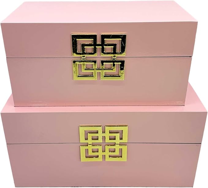 Galt International Storage Box Set Decorative Storage Box w/Hinged Lid Classic Design Wood Decor Boxes with Geometric Clasp Storage for Bedroom &amp Home - Set of 2 (Pink &amp Gold)