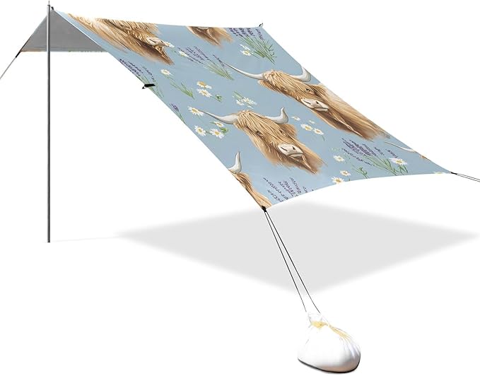 ALAZA Highland Cattle Lavender Pattern Beach Tent Sun Shelter Portable Canopy Sunshade for Outdoor Camping Picnics Backyard Fun 10x9 ft
