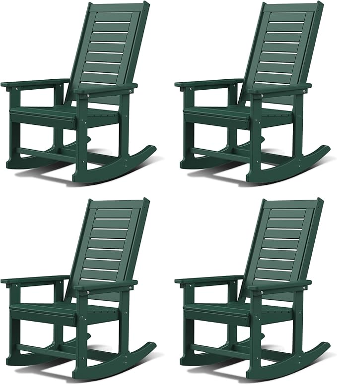 GREENVINES Outdoor Rocking Chairs | Set of 4 | Porch Rocker | HDPE Plastic | Forest | Oversized Rockers | High Back | Big &amp Tall | Ladder Back | for Patio Outside Backyard Balcony Garden