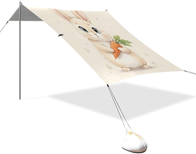 Cute Bunny Beach Canopy Sun Shelter with Sandbags &amp Sand Shovel &amp Windproof Ropes - Portable 110x126 Beach Shade Beach Tent for Camping Picnics