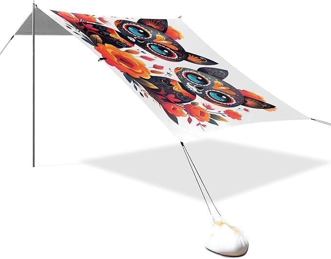 ALAZA Sugar Skull Cat Day of Dead Beach Tent Sun Shelter UPF50+ Protection Beach Shade Canopy w/ 4 Sandbags for Outdoor Camping Fishing Backyard Fun Picnic 10x9 ft