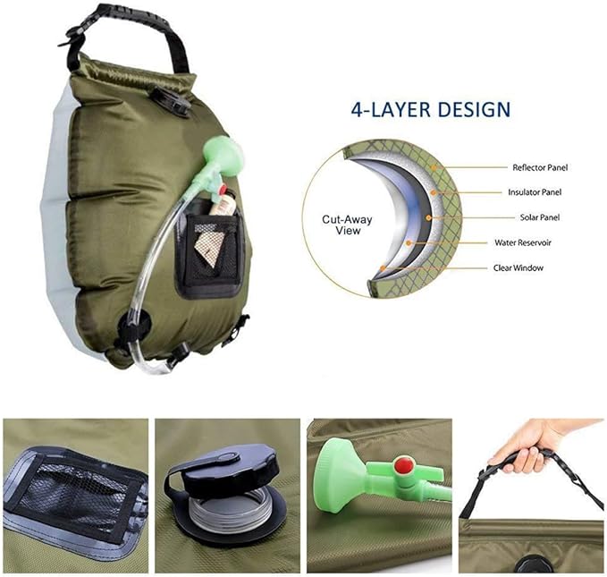 VICASKY Solar Shower Bag Shower Nozzle Portable Outdoor Hiking Water Storage for Camping Beach and Travel Olive Green Easy to Use Folds for Storage