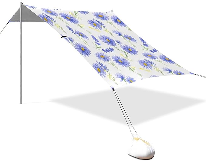 Beach Canopy with Windproof Ropes &amp Sandbags Beach Tent Sun Shade Sun Shelter for Camping Trips Fishing Backyard Fun or Picnics Daisies