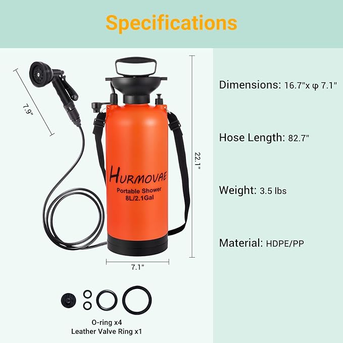 Portable Shower for Camping Beach Surfing &ampTravel 2.1Gallon (8L)10 Spray Modes Pressurized Beach Shower Camping Shower Surf Shower Portable Water Sprayer Nylon Insulated Sleeve Orange