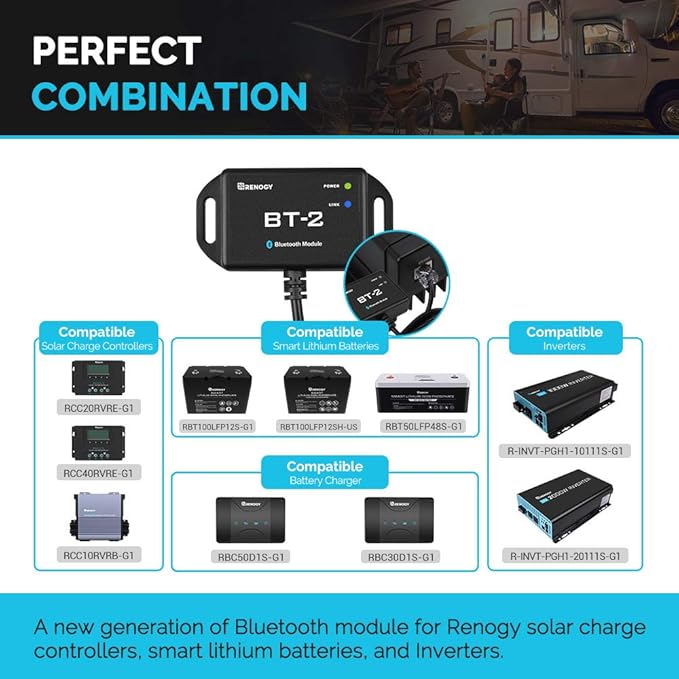 Renogy BT-2 Bluetooth Module RJ45 Communication Port Wirelessly Monitor Real-time Insight Precise Control Compatible Solar Charge Controllers Battery Charger Inverter BT-2 RS485