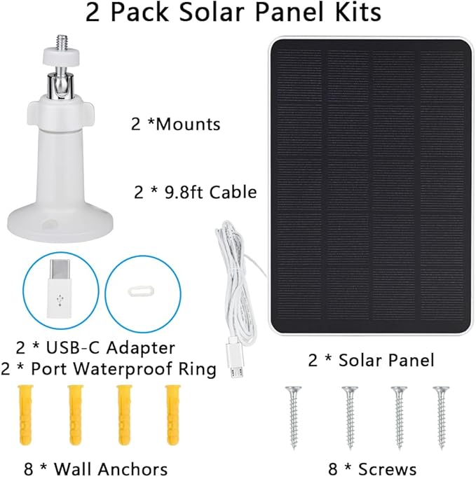2 Pack Solar Panel Compatible with WYZE Battery Cam Pro EufyCam 2C/2C Pro 4W 5V Solar Panel with 10ft Micro USB Charging Cable for Outdoor Battery Camera Tpye C Adapter Adjustable Wall Mount