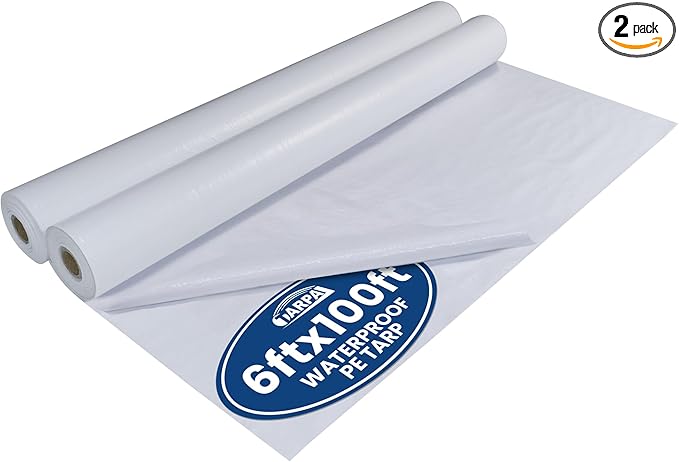 TARPAL 6x100 Feet(2pack) White Tarp Roll 5mil Waterproof Tarps polyethylene Multipurpose Tarp Cover Dustproof Tear Resistant for Decoration Greenhouse Painting Home use
